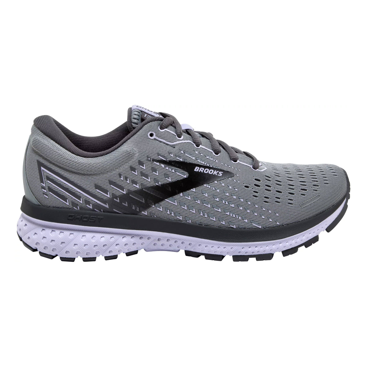 Men&#39;s Brooks Ghost 13 running shoe in gray color with DNA LOFT cushioning.