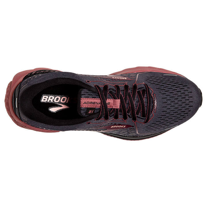 Overhead view of a single Brooks Adrenaline GTS 21 Black/Blackened Pearl stability running shoe.