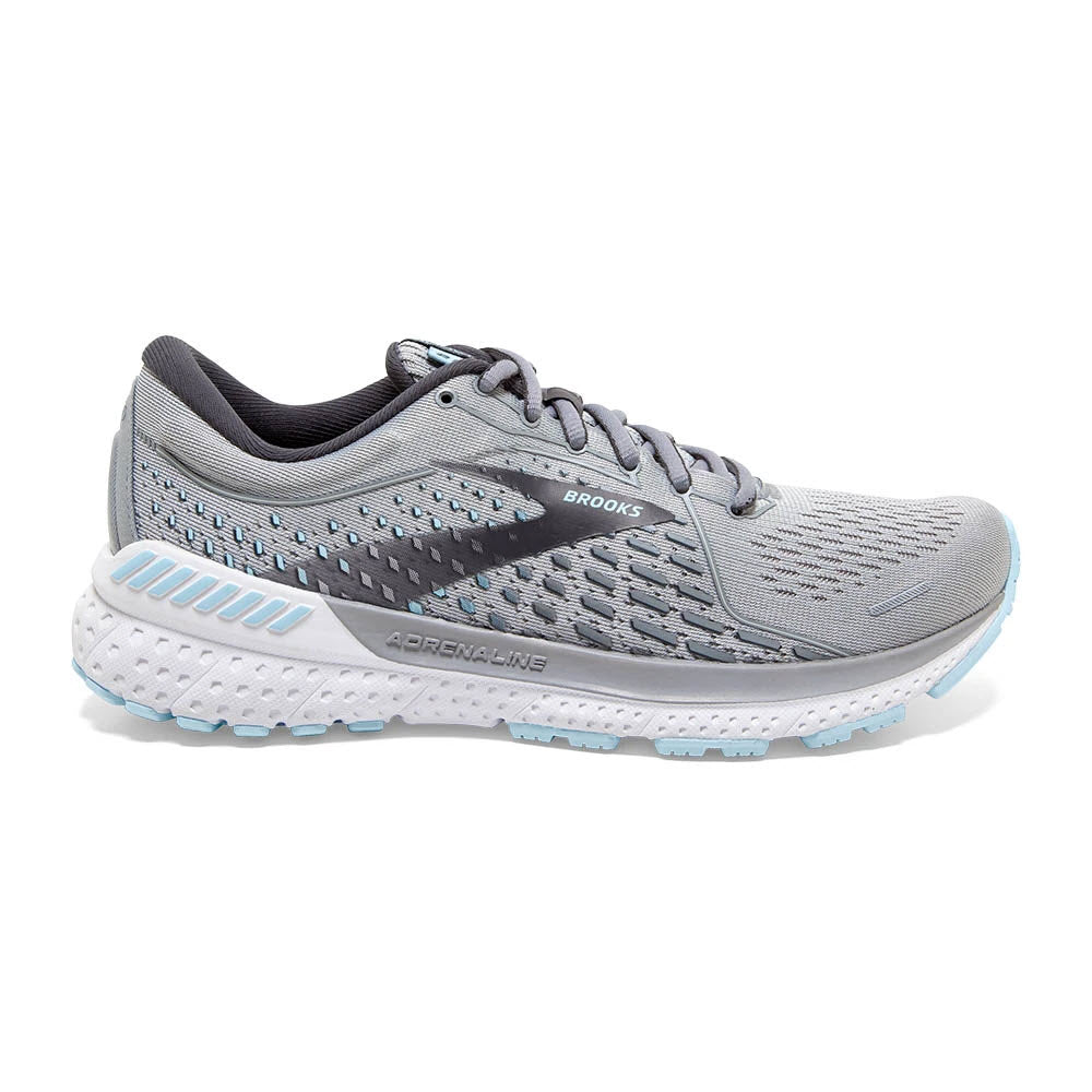Gray Brooks BROOKS ADRENALINE GTS 21 OYSTER/ALLOY - WOMENS running shoe with white sole and stability cushioning.