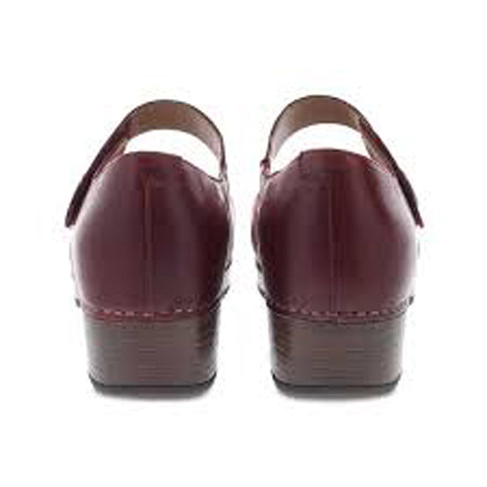 Rear view of a pair of burgundy Dansko Beatrice Red Waxy Burnished Mary Jane shoes with low heels on a white background.