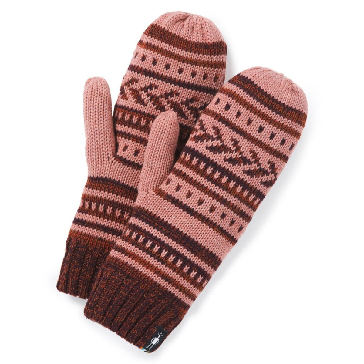 A pair of knitted Smartwool Canyon Rose Chair Lift Mittens with a striped and fair isle pattern.