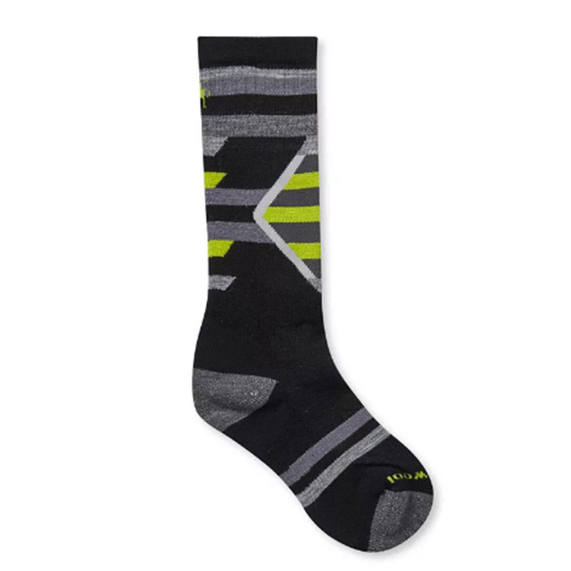 Single black Smartwool Kids Ski Racer sock with gray and yellow geometric patterns displayed against a white background.