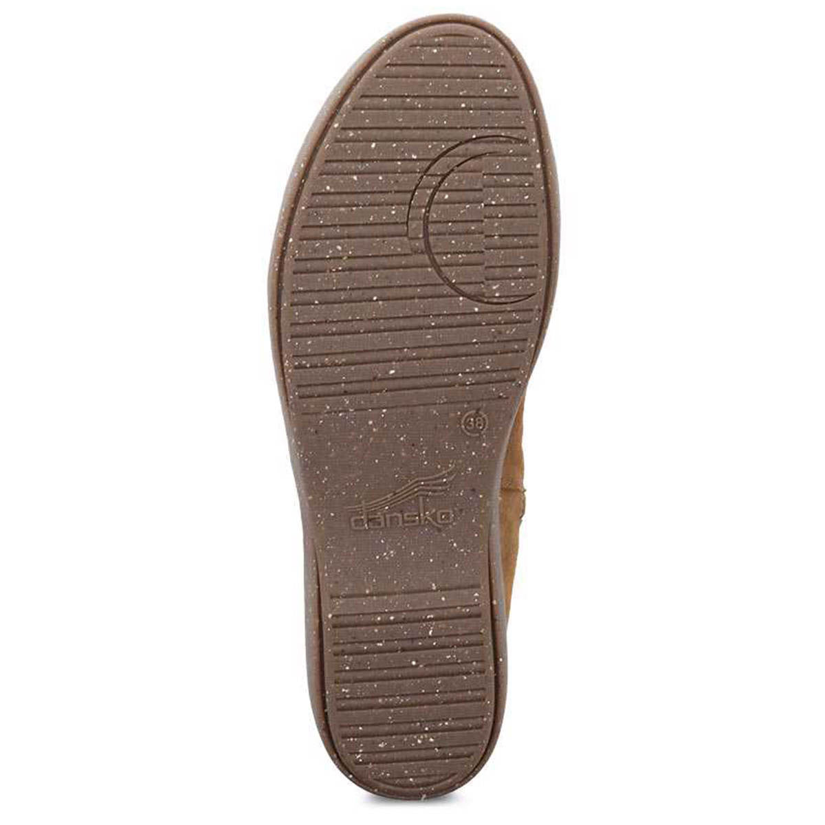Sole of a shoe with textured tread and Dansko brand name embossed, featuring Dansko Natural Arch technology.