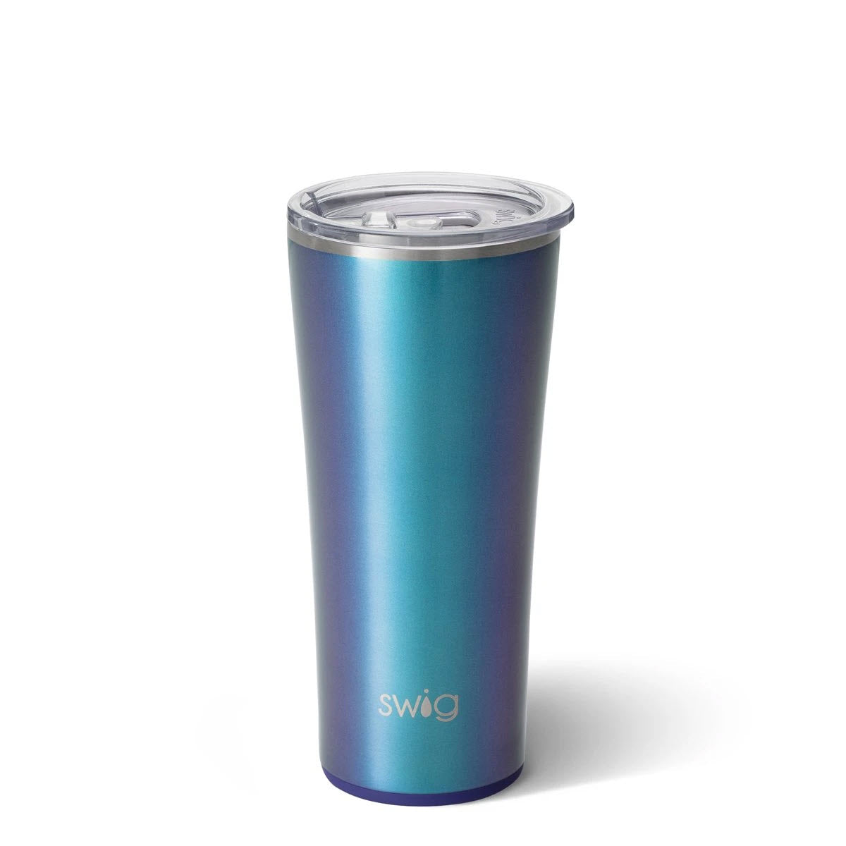 A blue ombre Swig DragonGlass travel tumbler with triple insulation technology and a clear lid.