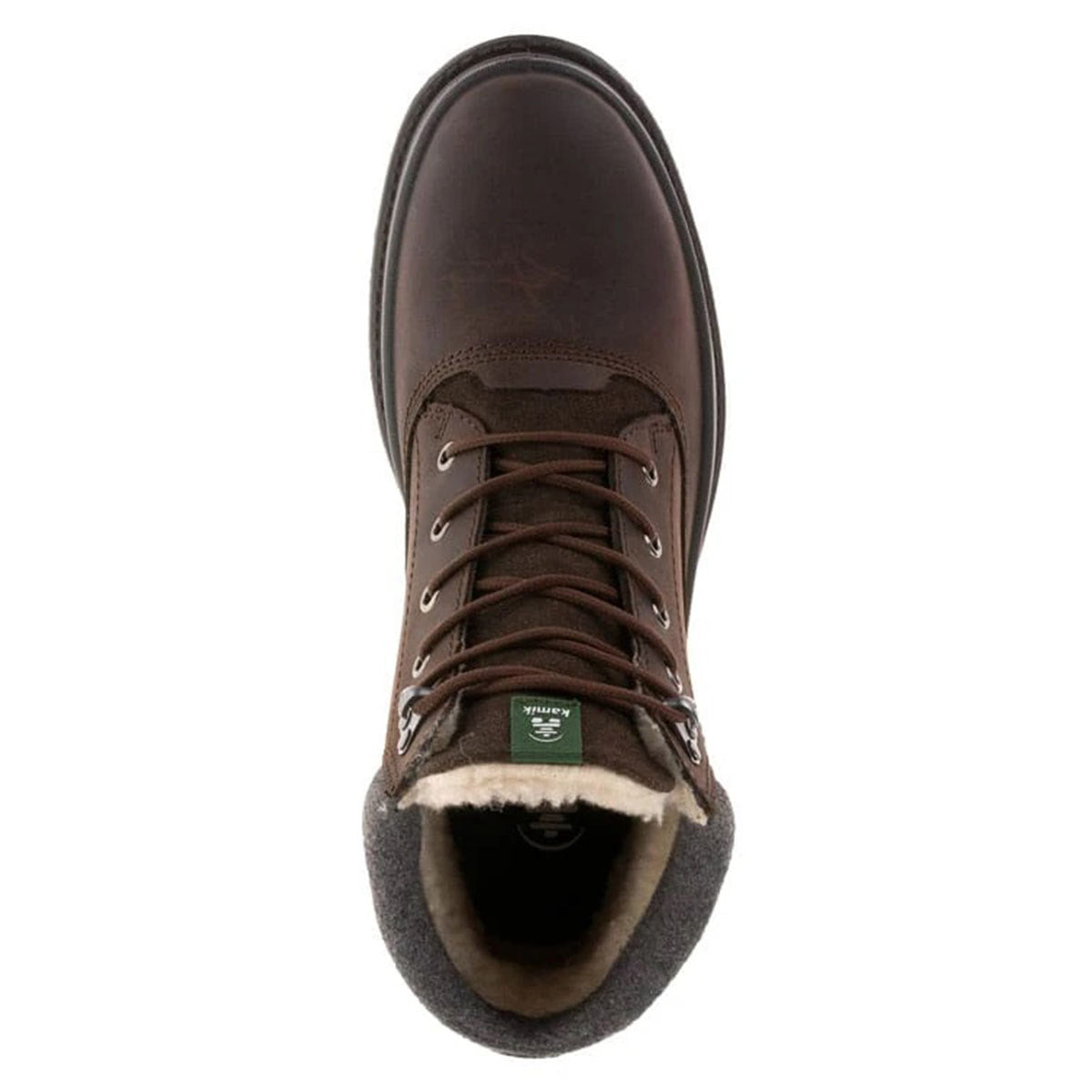 Top view of a single Kamik TYSON MID brown, waterproof lace-up men&#39;s boot with fur lining.