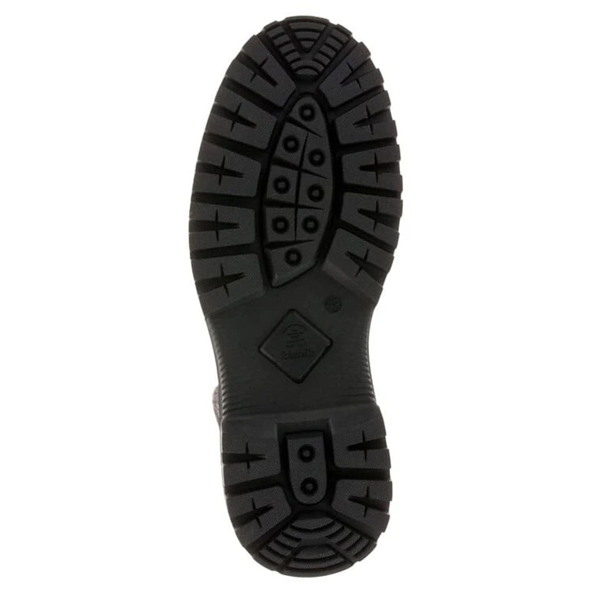 Tread pattern of a black rubber shoe sole of the waterproof Kamik TYSON MID BROWN men&#39;s boot.
