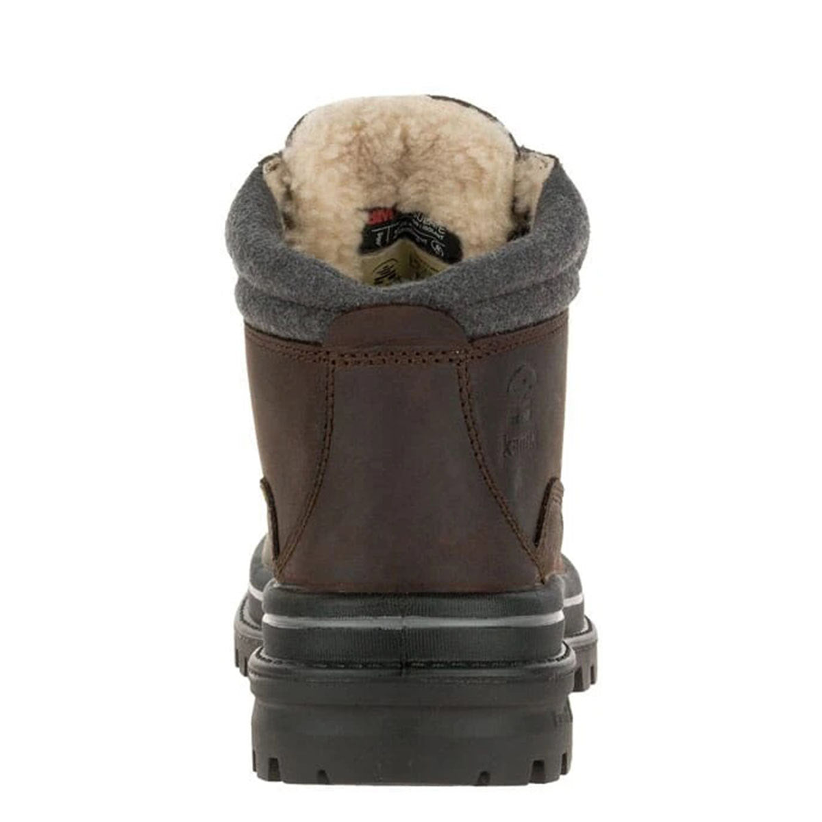 Rear view of a men&#39;s brown leather Kamik Tyson Mid boot with a waterproof fur lining and a black sole.