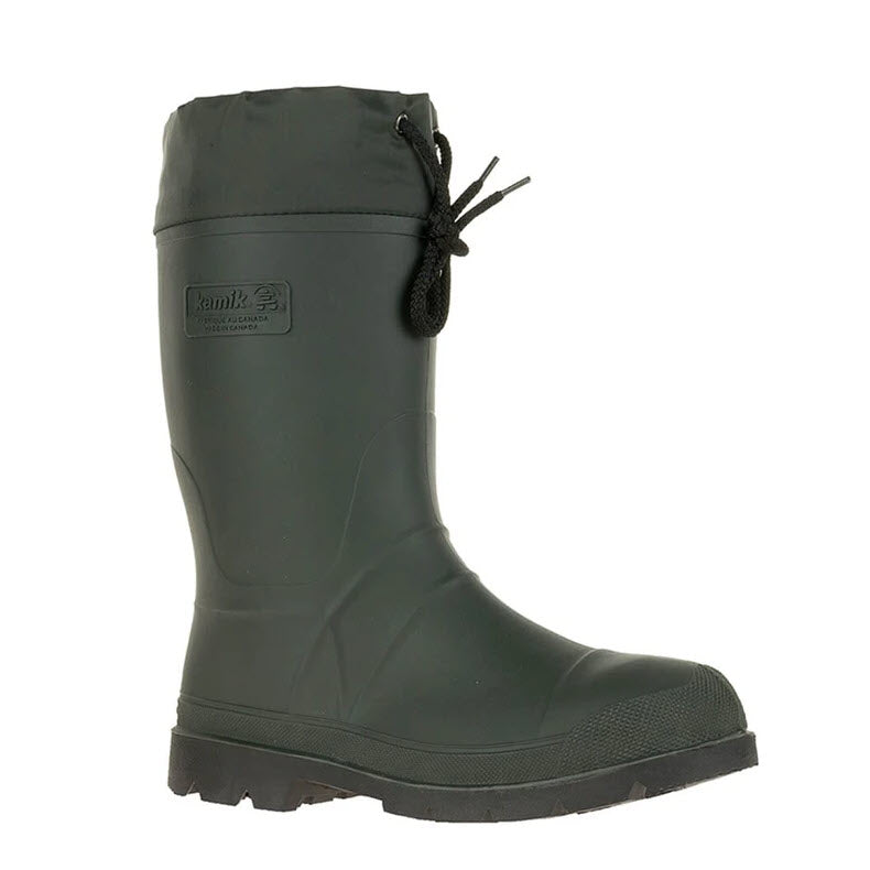 Kamik green insulated rubber boot with adjustable drawstring closure.