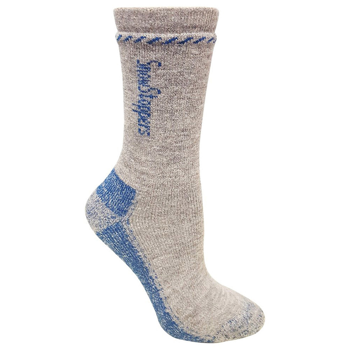 A single gray thermal SNOWSTOPPERS KIDS ALPACA SOCK with blue accents and water-resistant properties, featuring Canadiansox branding on the side.