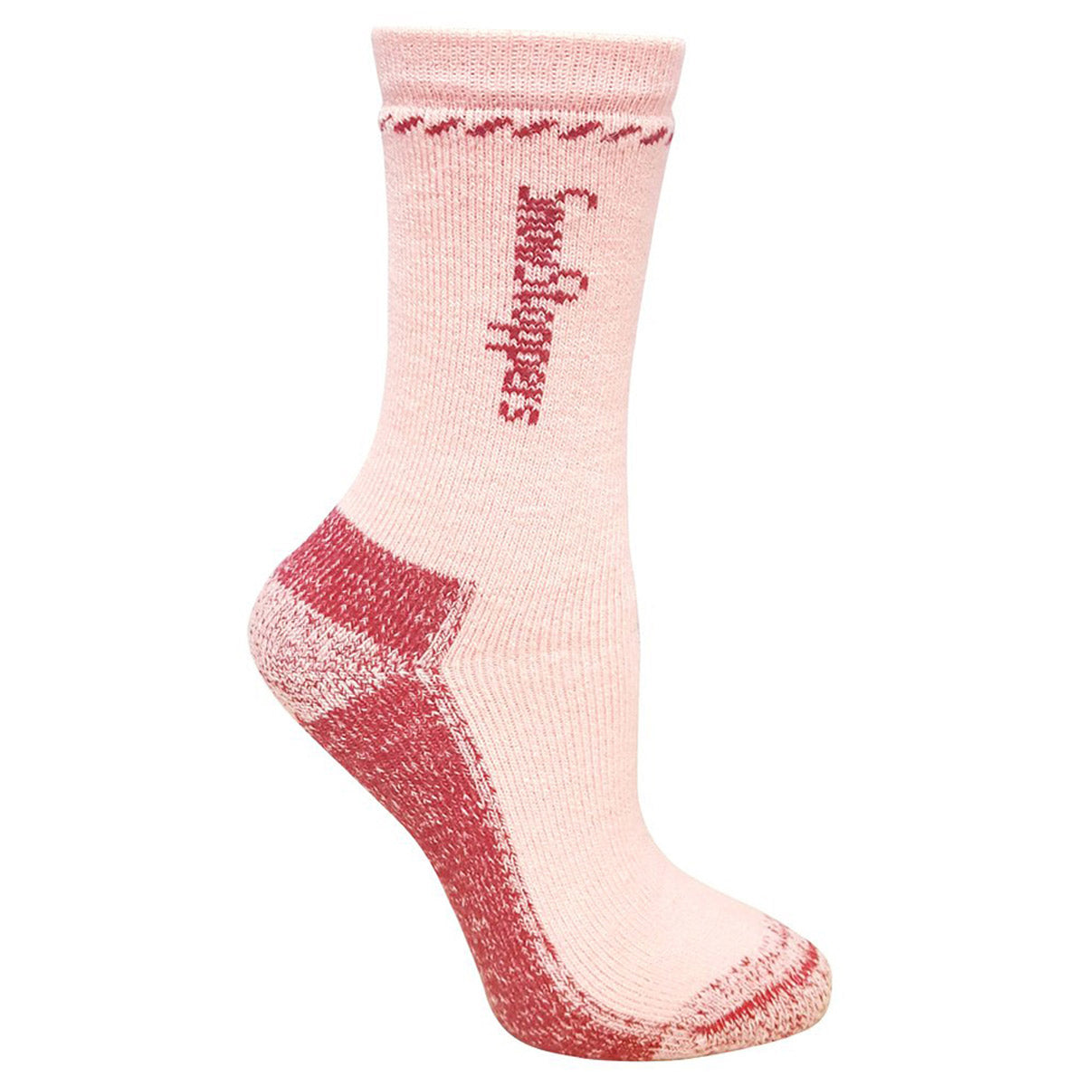 Single SNOWSTOPPERS ALPACA SOCK PINK/RED - KIDS athletic sock with reinforced heel and toe areas displayed against a white background by Canadiansox.