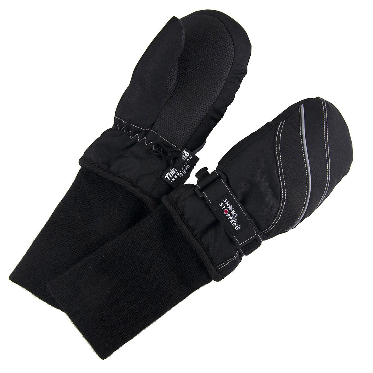 A pair of black Snowstoppers Kids Ski Mittens insulated with Thinsulate and wrist straps on a white background.