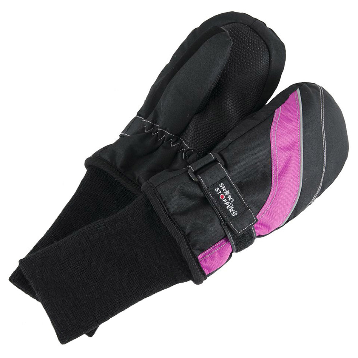 A pair of waterproof black and pink Snowstoppers Ski & Snowboard Mittens with extended wrist cuffs.