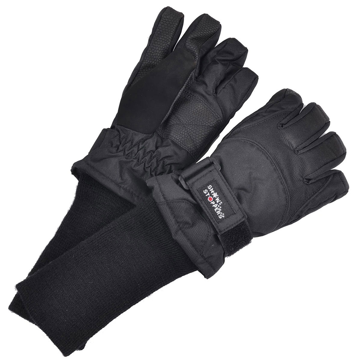 A pair of SNOWSTOPPERS KIDS GLOVE BLACK with extended wrist cuffs featuring Thinsulate 40 Gram Insulation.