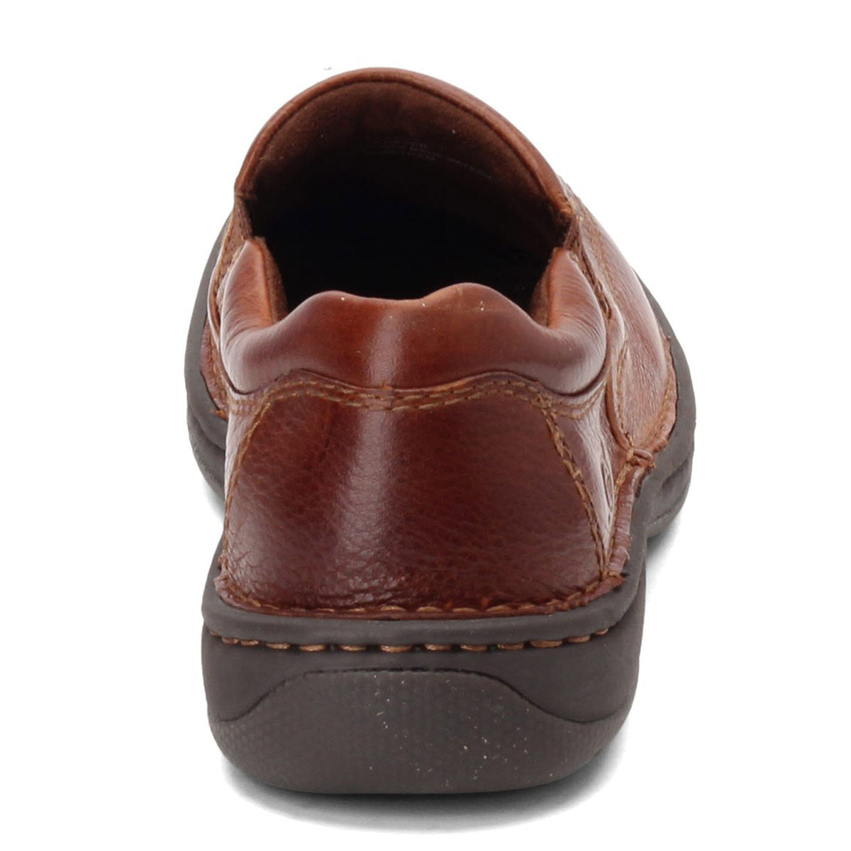 Rear view of a dark tan, full grain leather Born Blast III Slip on shoe.