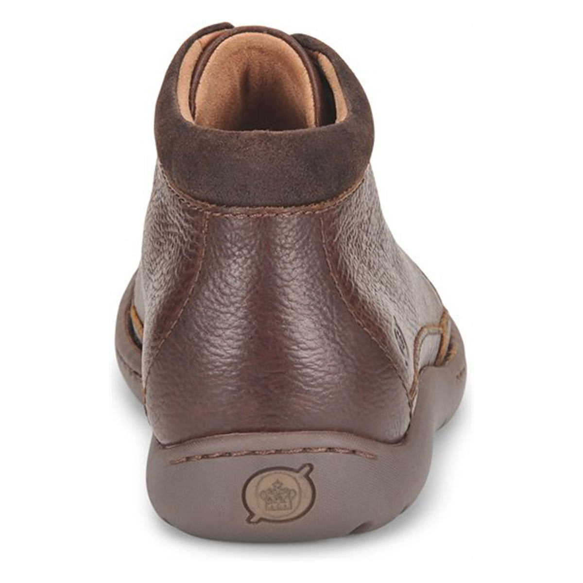 Brown leather upper ankle boot viewed from the back with a hiker-inspired design. 
BORN NIGEL BOOT DARK BROWN - MENS by Born