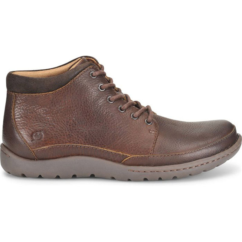Brown leather lace-up, hiker-inspired Born Nigel boot with a removable footbed, on a white background.