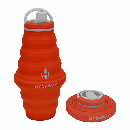 Collapsible, BPA-free Hydaway 25oz Collapsible Bottle Sunset silicone water bottle with its lid detached.