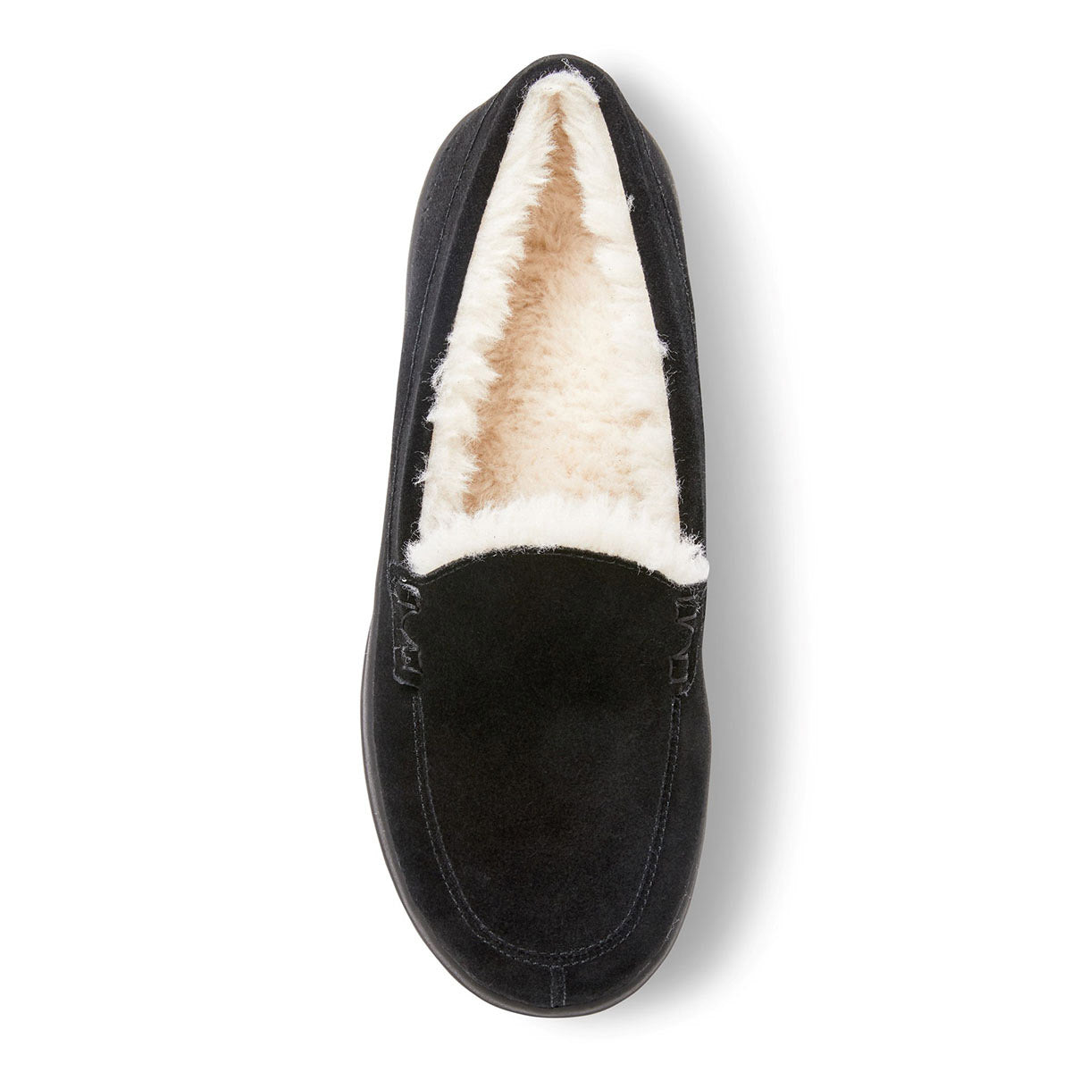 Sentence with replaced product: Vionic Lynez Suede Black women&#39;s slipper with white fleece lining on a white background.