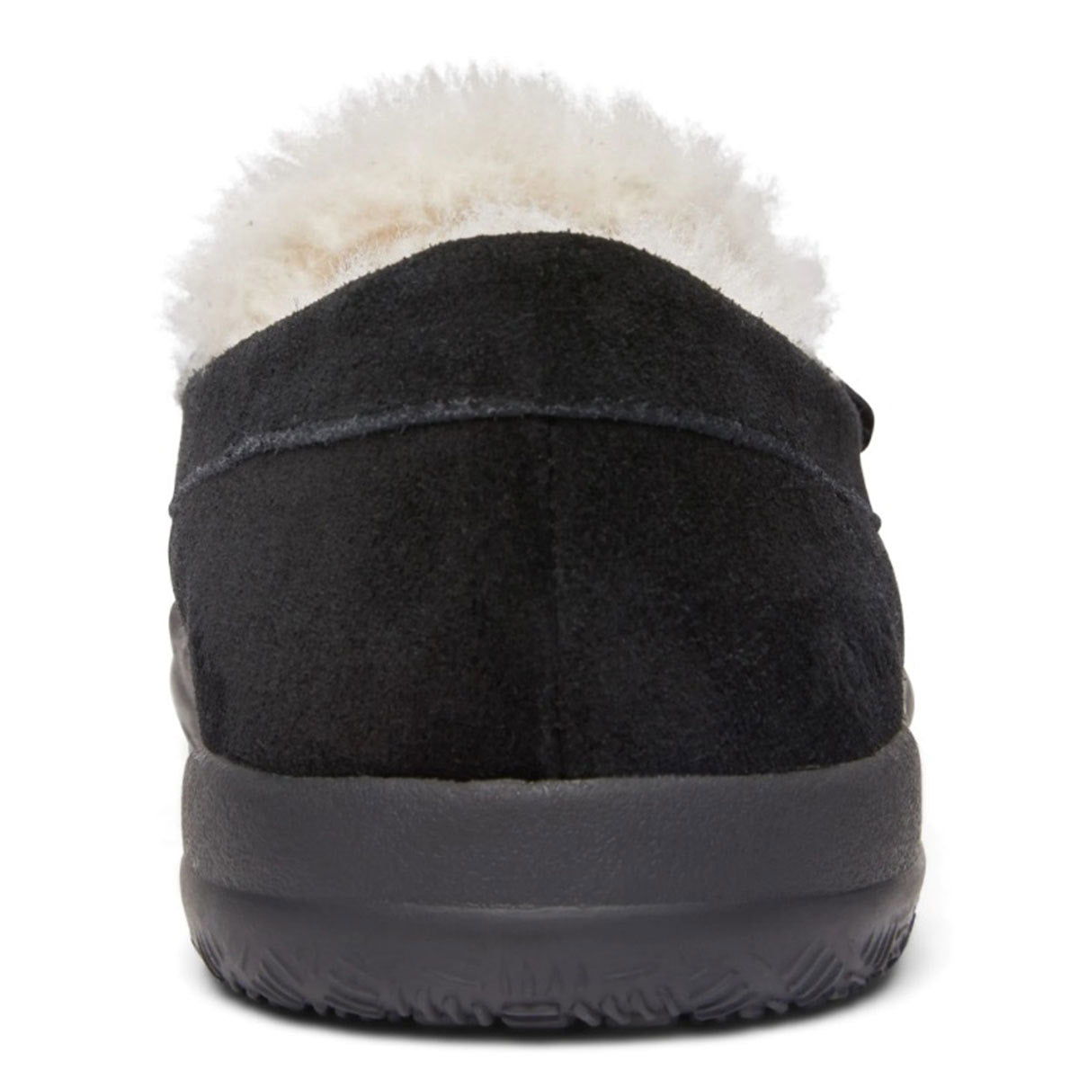 Black Vionic Lynez slipper with fluffy lining viewed from the rear, featuring a biomechanical footbed.