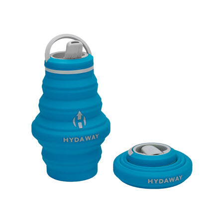 Hydaway 17 oz Collapsible Bottle Bluebird made of food-grade silicone with cap removed.