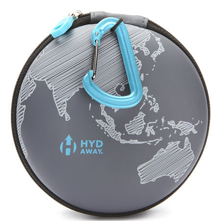A portable Hydaway collapsible water bottle with a carabiner clip and world map design on the cover, encased in a HYDAWAY TRAVEL CASE.