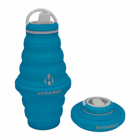 A collapsible, BPA-free blue HYDAWAY 25OZ COLLAPSIBLE BOTTLE BLUEBIRD with its lid detached.