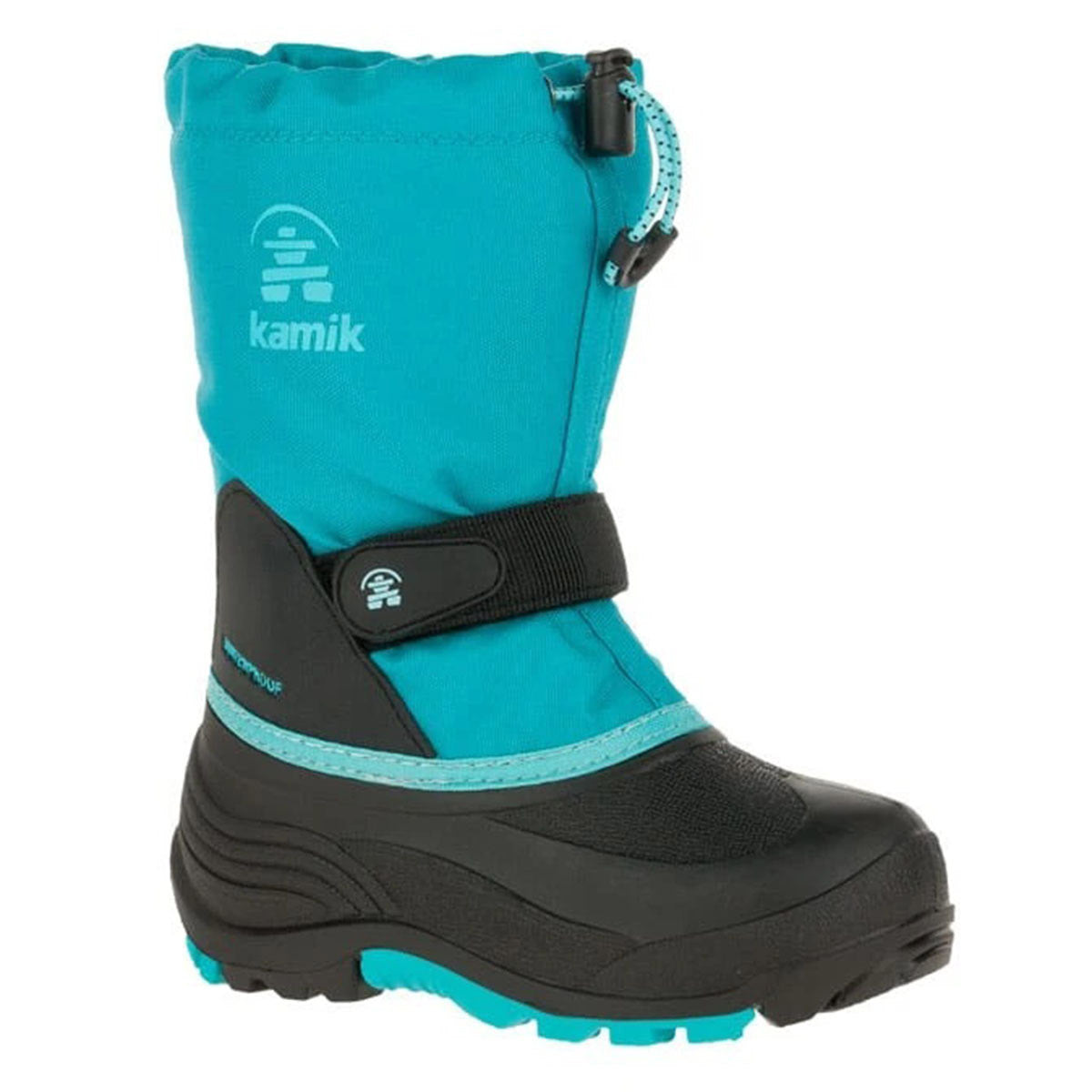 A teal and black Kamik Waterbug 5 children's snow boot with waterproof nylon upper, adjustable strap, and bungee cord closure.