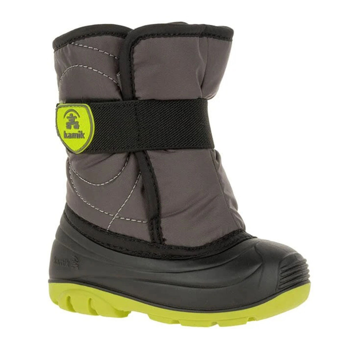 A Kamik toddler snow boot with adjustable velcro strap and a green sole.