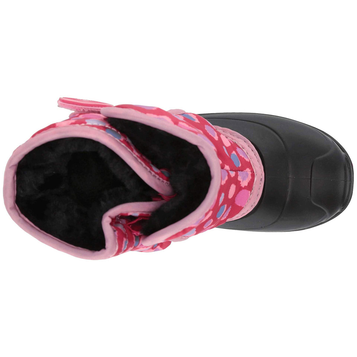 Top-down view of a child&#39;s pink and red polka dot Kamik Snowbug 4 Bright Rose toddlers snow boot with faux fur lining, comfortable down to -10°F.