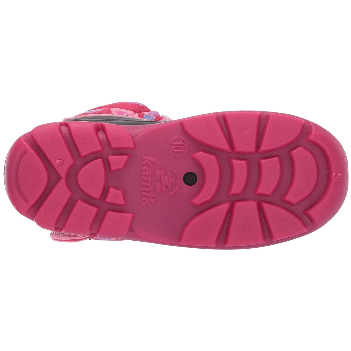 Bottom view of a toddler&#39;s pink Kamik Snowbug 4 Bright Rose snow boots showing the tread pattern and brand logo, comfortable down to -10°F.