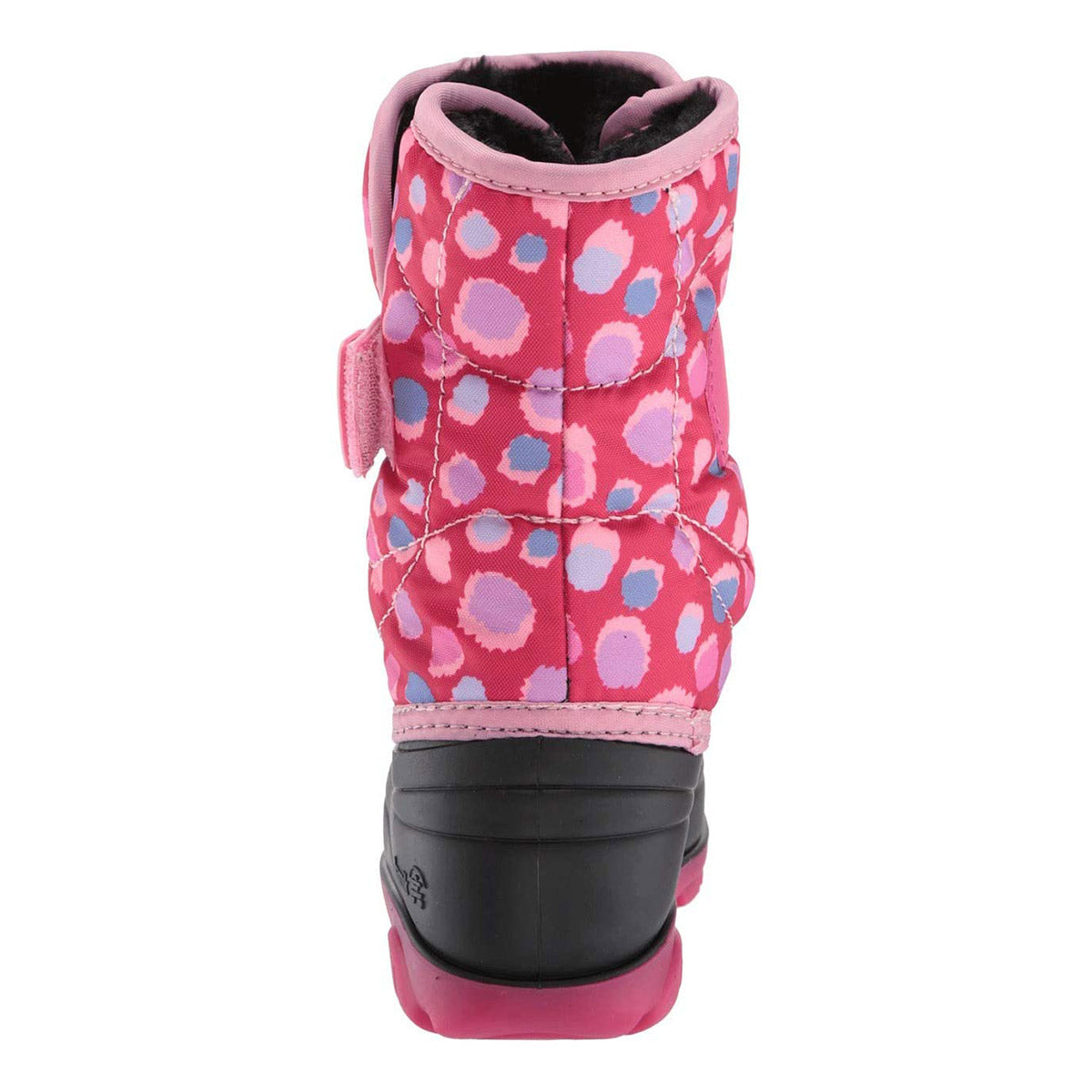 Rear view of a child&#39;s pink and colorful Kamik Snowbug 4 Bright Rose toddler snow boots, comfortable down to -10°F.