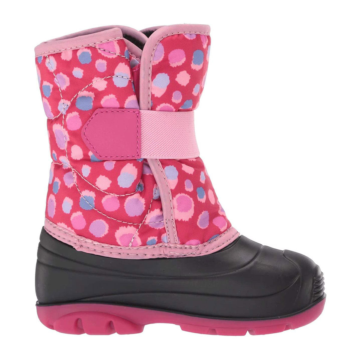 Child's pink and blue polka-dotted Kamik Snowbug 4 Bright Rose toddler snow boots with black waterproof lower and pink sole.