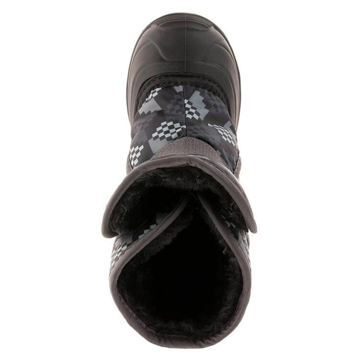 Top view of a Kamik SNOWBUG 4 BLACK/CHARCOAL patterned toddler snow boot with fur lining.