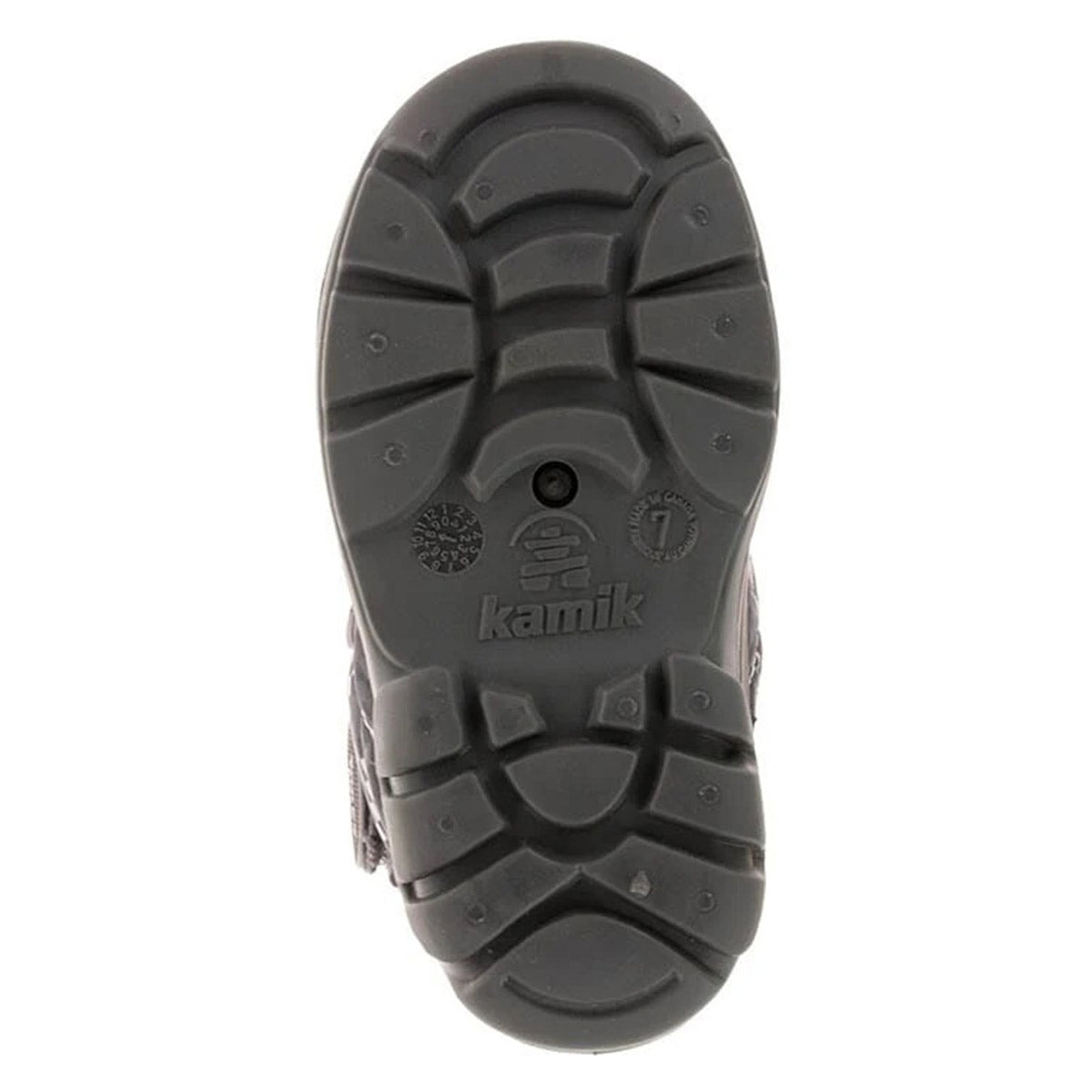 Sole of a Kamik SNOWBUG 4 toddler snow boot displaying treads and brand logo.
