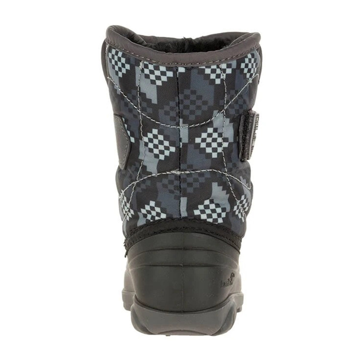 Kamik toddler snow boots featuring a black and gray checkered pattern, perfect for keeping little feet warm down to -10°F.