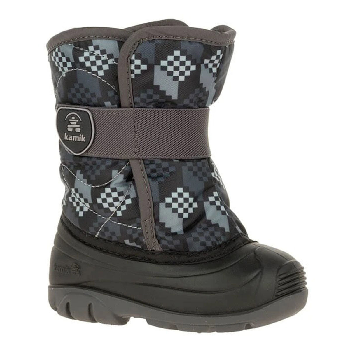 A toddler's Kamik KAMIK SNOWBUG 4 BLACK/CHARCOAL winter boot with a pixelated camouflage pattern and a black rubber sole.