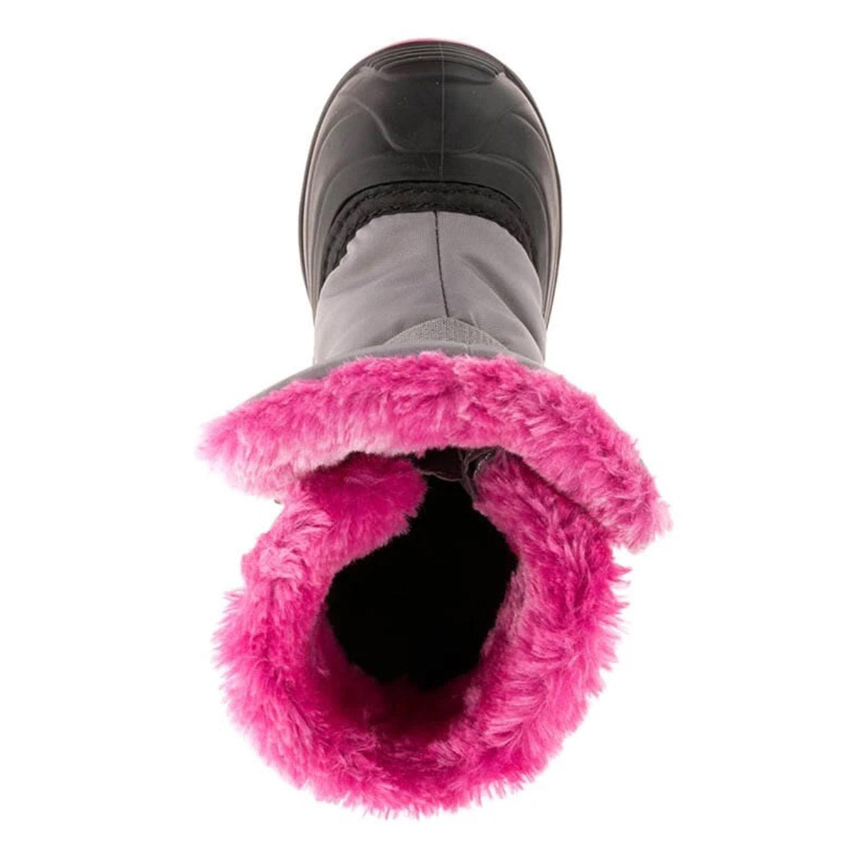 Top-down view of a single Kamik Snowbug F Mid Grey snowboot for toddlers with pink faux fur lining.