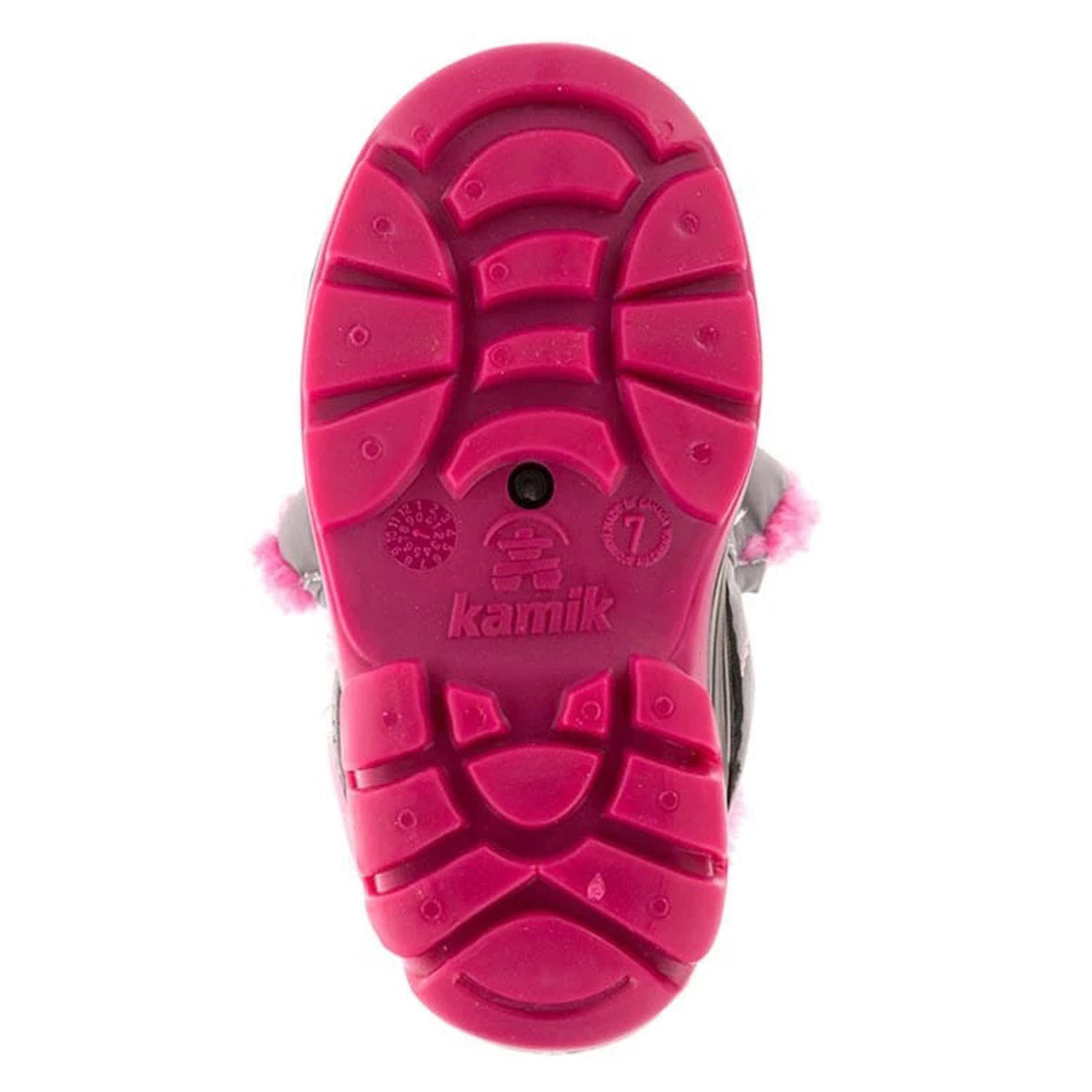 A pink Kamik Snowbug F MID GREY - TODDLERS sole, designed as a waterproof snowboot for toddlers with treads visible from a bottom-up perspective.