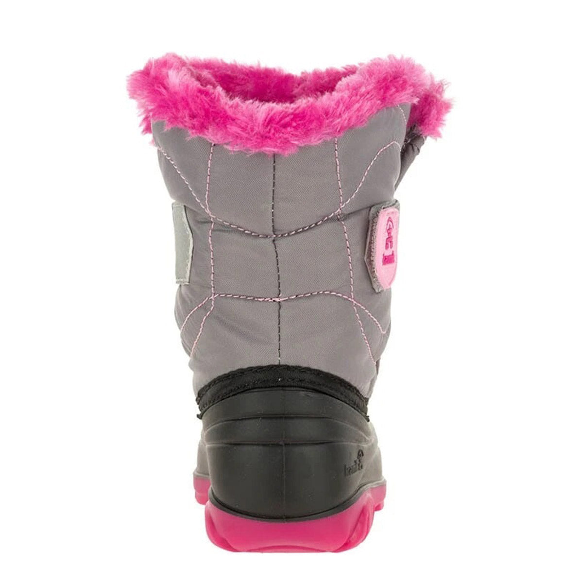 Gray and black Kamik Snowbug F winter boot with pink accents and fuzzy lining, made from waterproof 210 denier nylon, designed as a snowboot for toddlers.