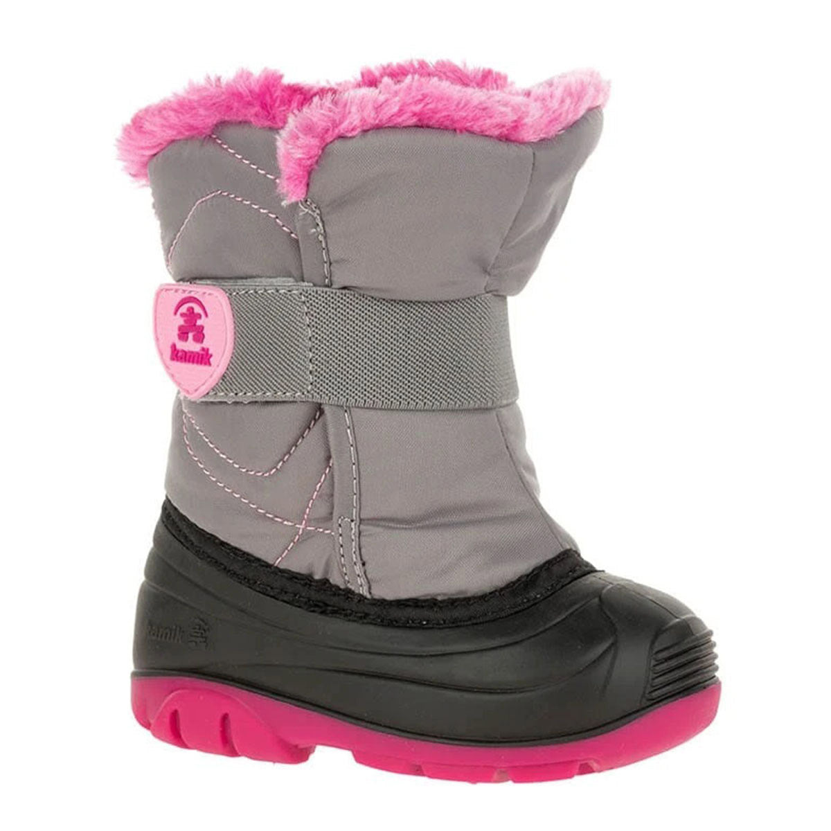 A Kamik snowboot for toddlers with pink accents and a velcro strap.