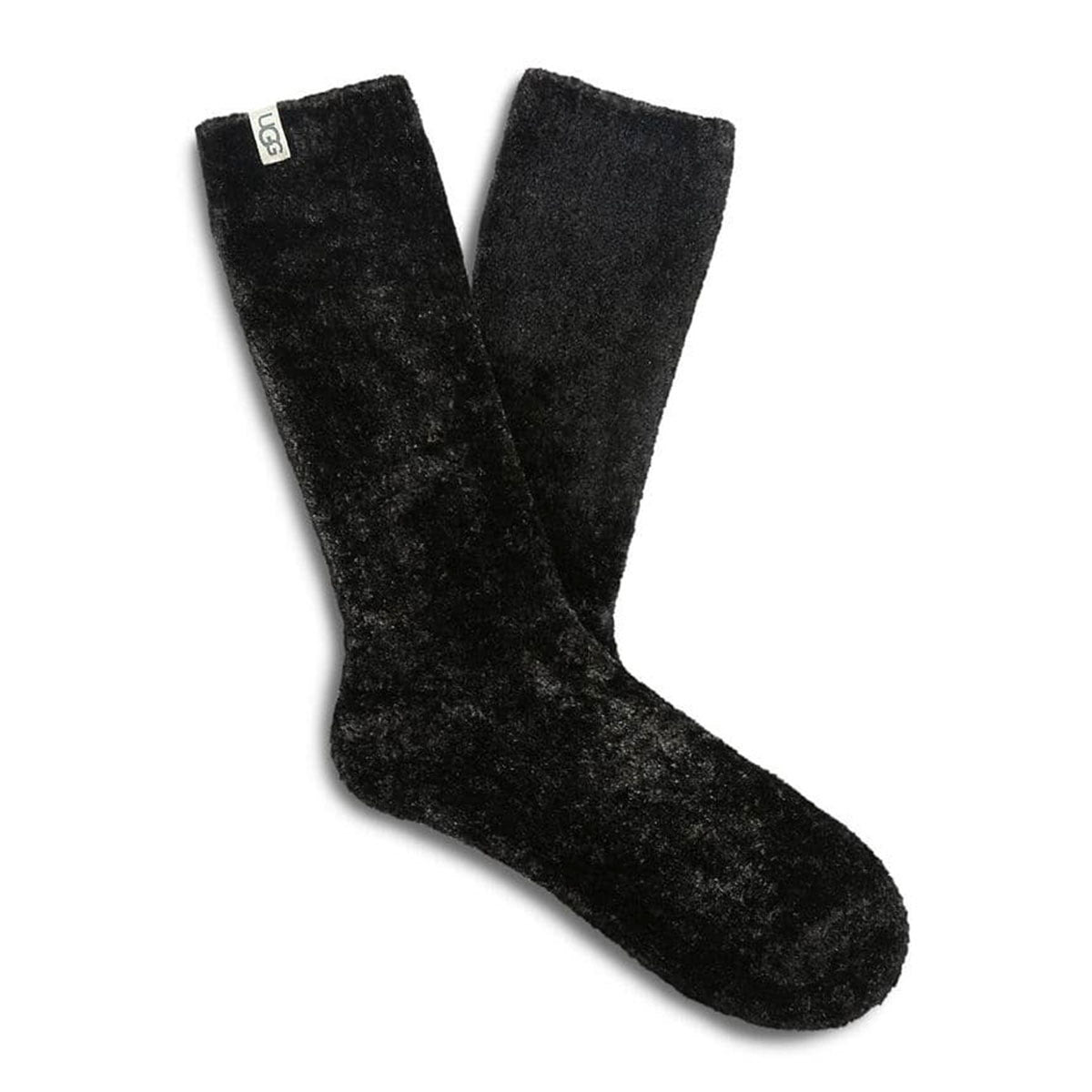 A pair of UGG LEDA COZY SOCK BLACK women's socks isolated on a white background.