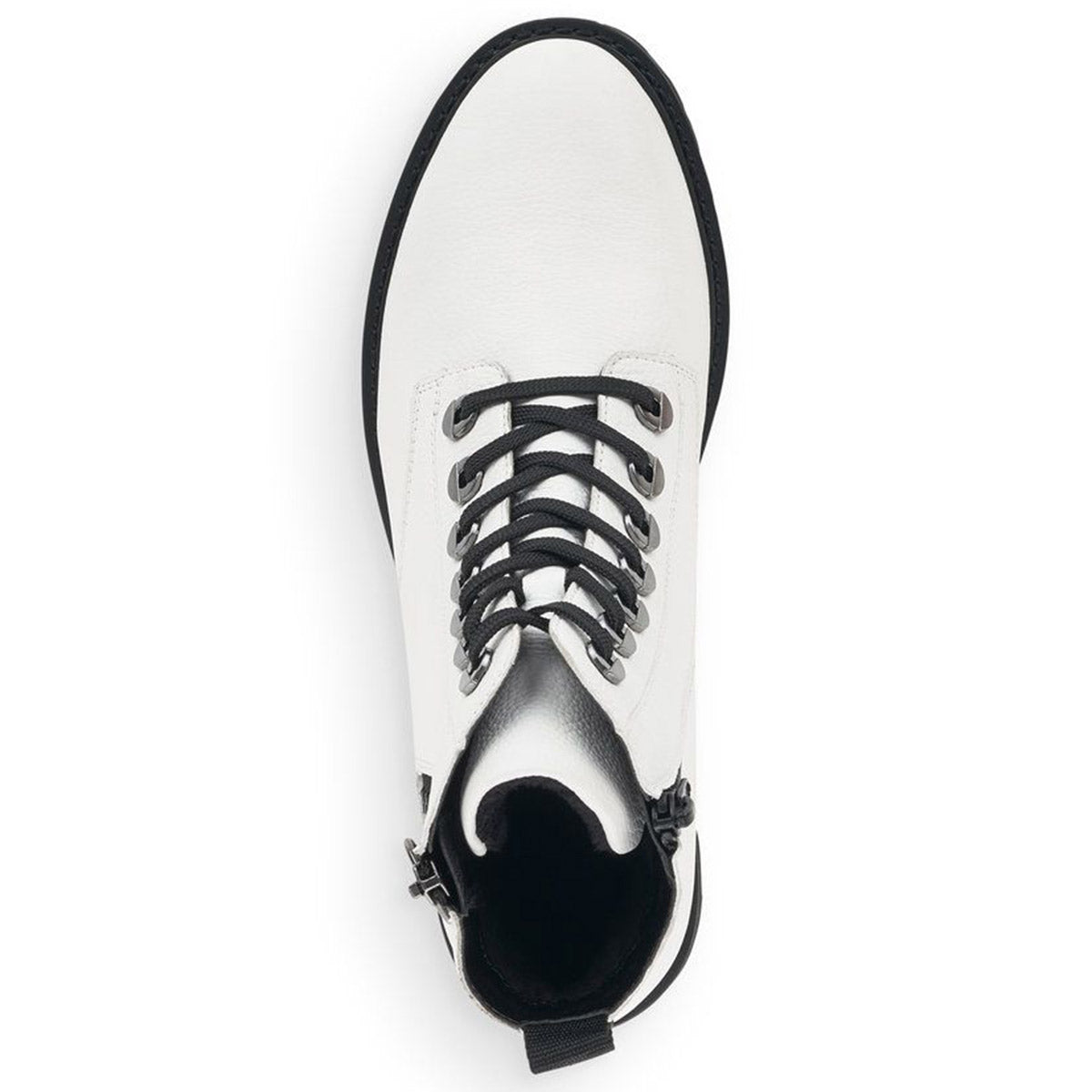 Black and white Remonte D8671 women&#39;s boots viewed from above with a lace-up closure. 

Product Name: REMONTE D8671 BOOT WHITE - WOMENS
Brand Name: Remonte