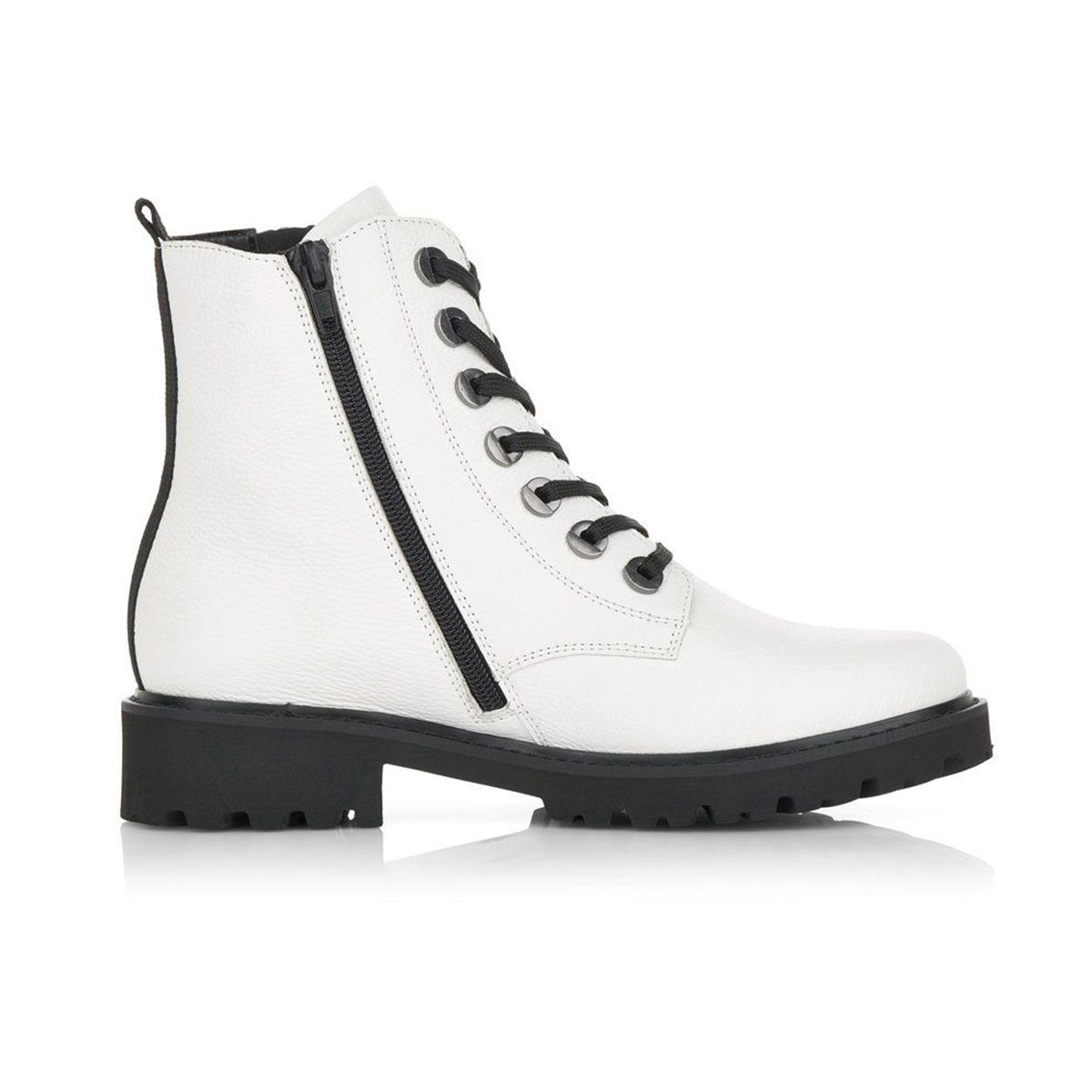 White lace-up ankle boot with black sole and zipper detail, featuring Remonte D8671 lace type closure, the REMONTE D8671 BOOT WHITE - WOMENS.