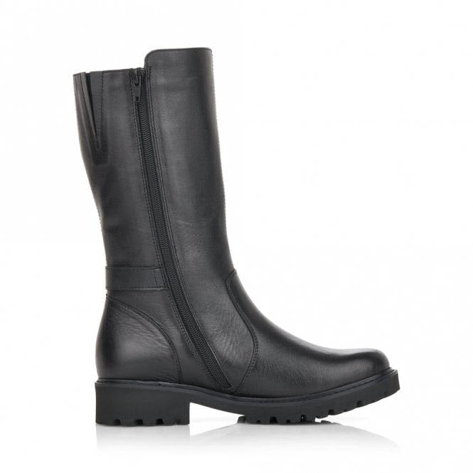 Remonte Marusha 73 mid black leather boot with side zipper and chunky sole for women.