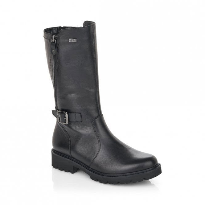 A REMONTE MARUSHA 73 MID BLACK boot with a side zipper and buckle detail, designed as women&#39;s shoes.