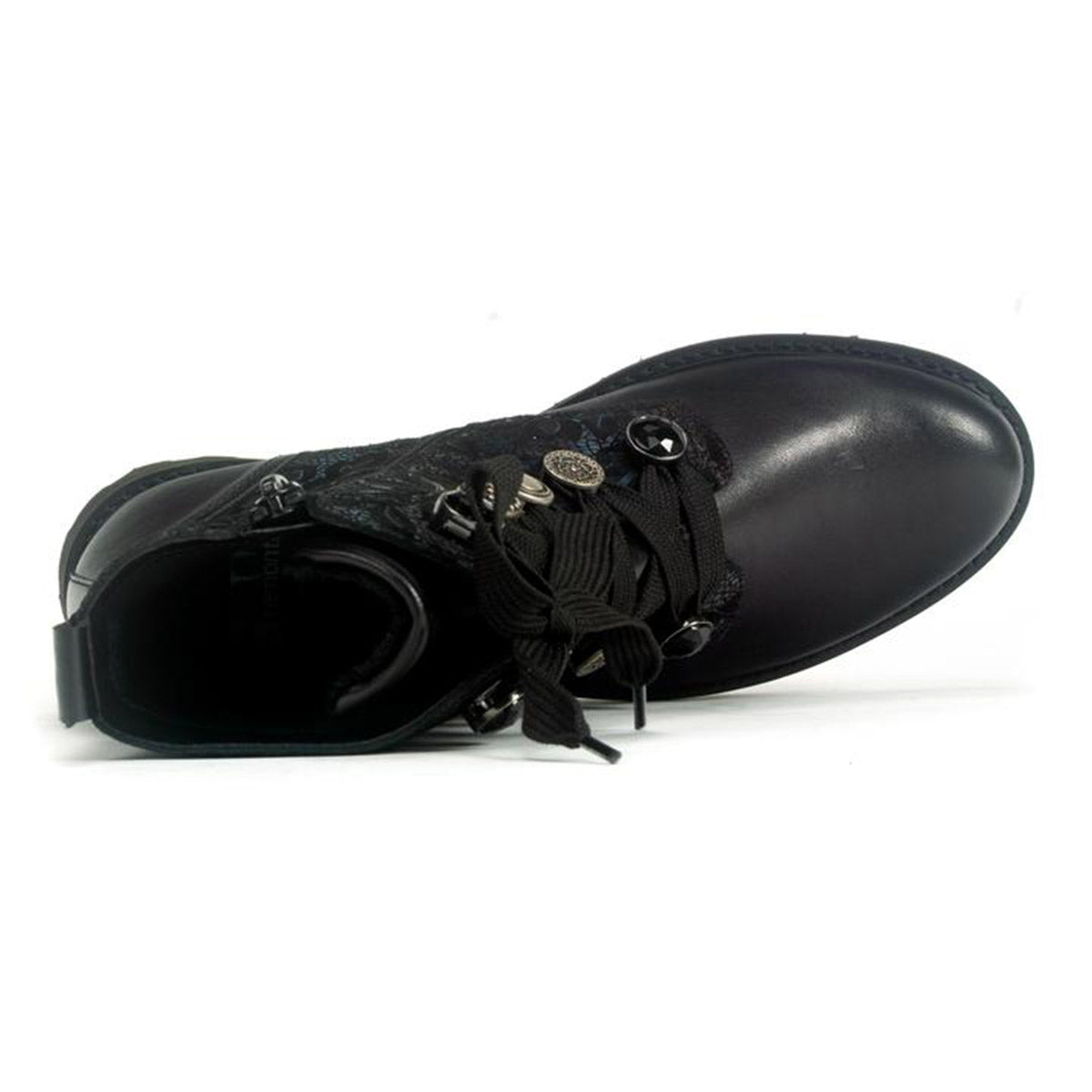 A single Remonte Floral Ankle Boot Black - Women&#39;s with lace and zipper closure against a white background.