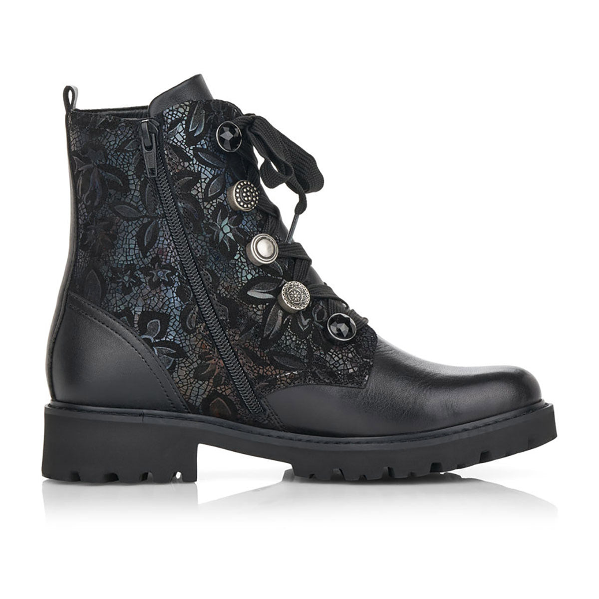 Remonte black floral-embroidered lace-up boot with a zipper closure, featuring decorative metal accents, and part of the Remonte D8677 women&#39;s boots collection.