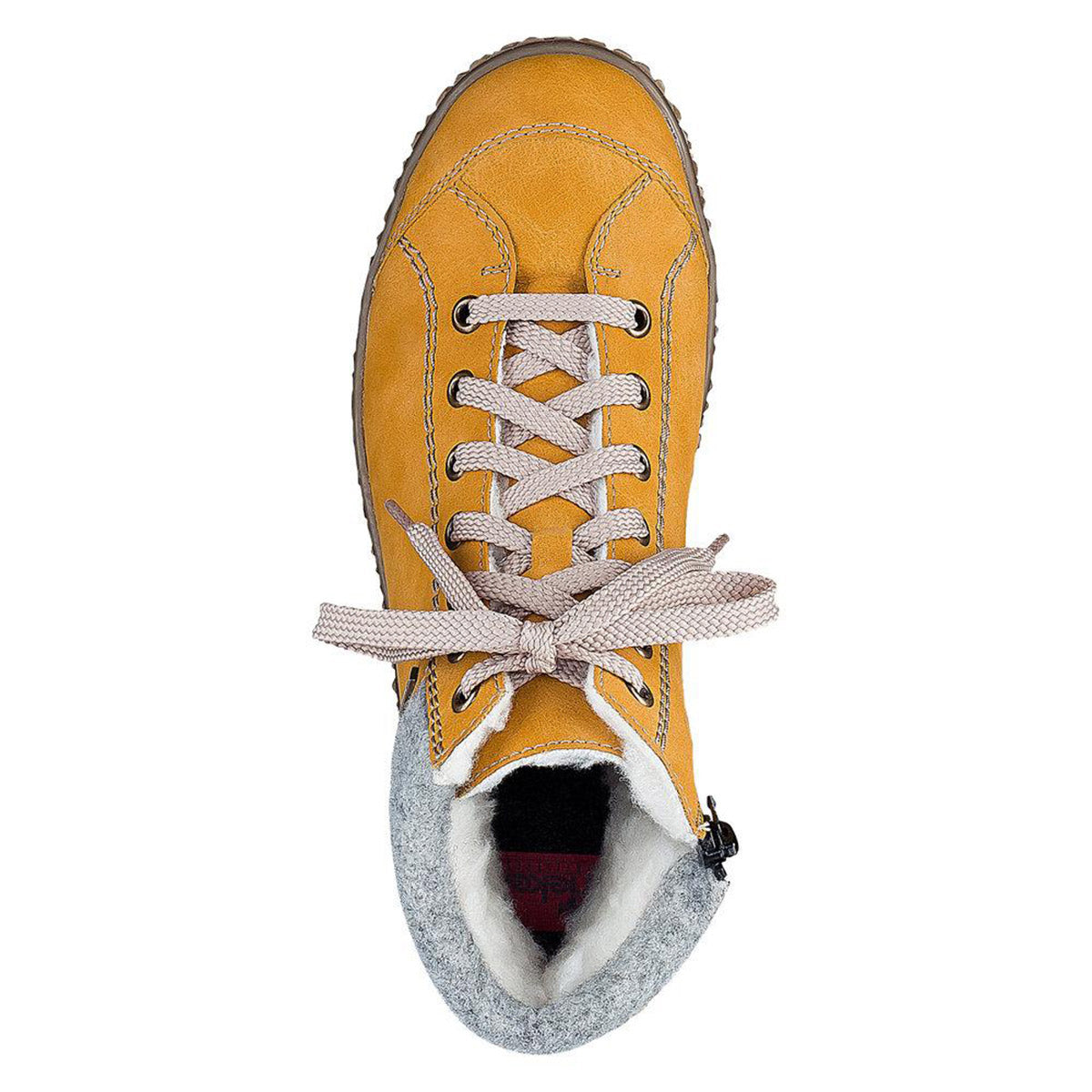 A single RIEKER WOOL CUFF HIGH TOP yellow winter boot with laces tied, viewed from above.