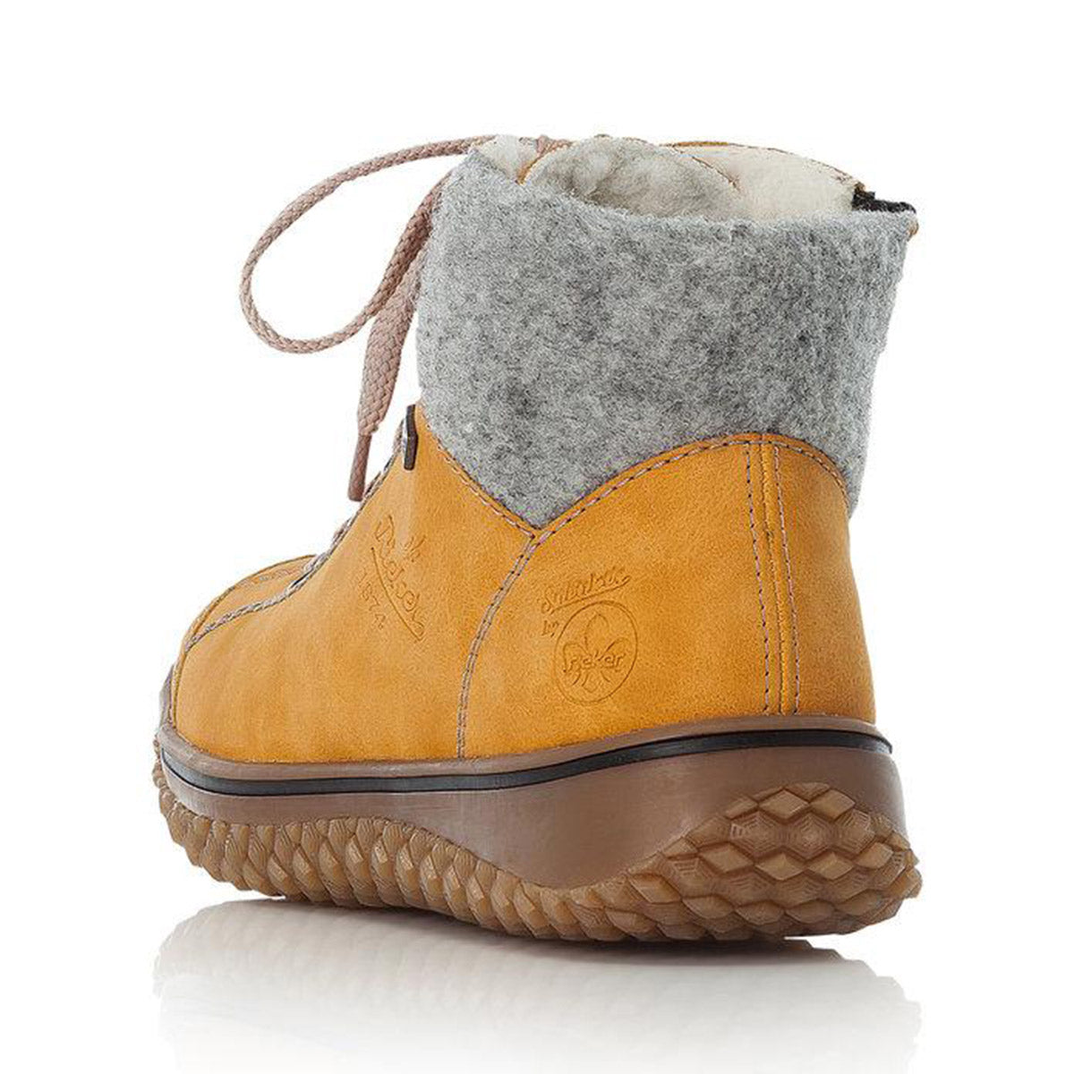 Side view of a winter boot with a tan leather upper and grey felted collar, featuring a RiekerTex membrane, chunky sole, and lace-up back.