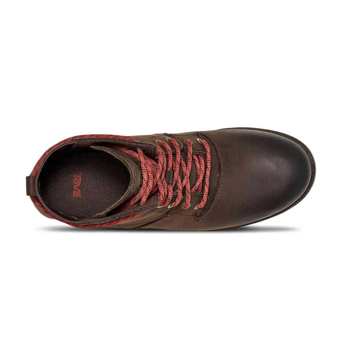 Single brown waterproof leather shoe with red laces viewed from above, Teva Anaya Lace Up Chocolate- Womens.